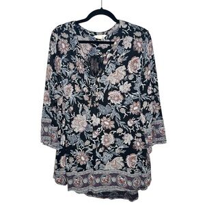 Lucky brand women's 1X floral tunic 3/4 sleeve top boho Lagenlook hippie office